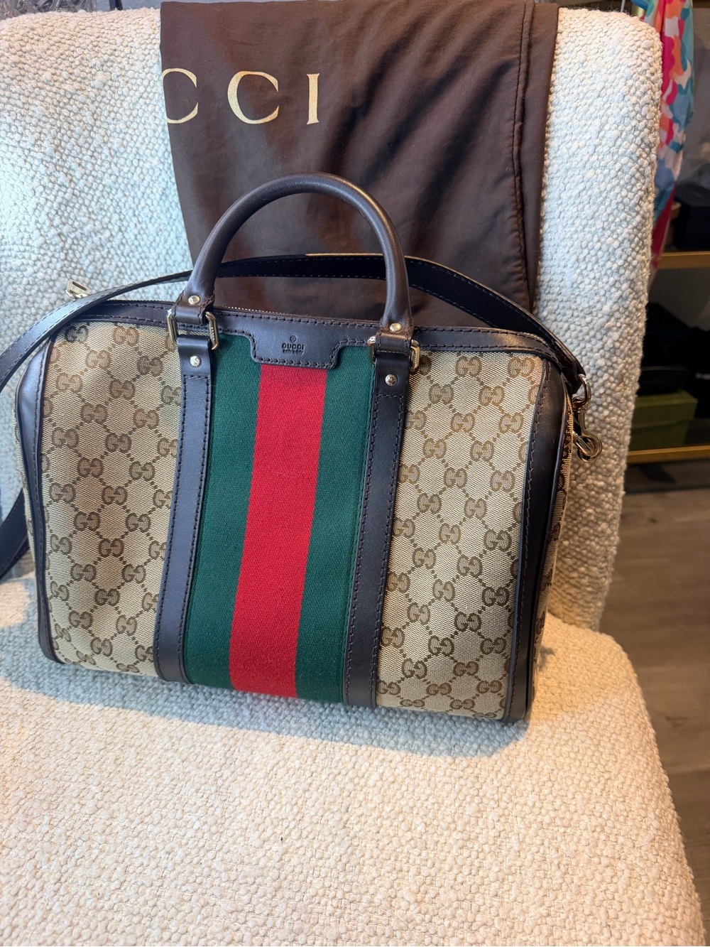 Gucci Beige GG Supreme Messenger Bag with Green & Red Web